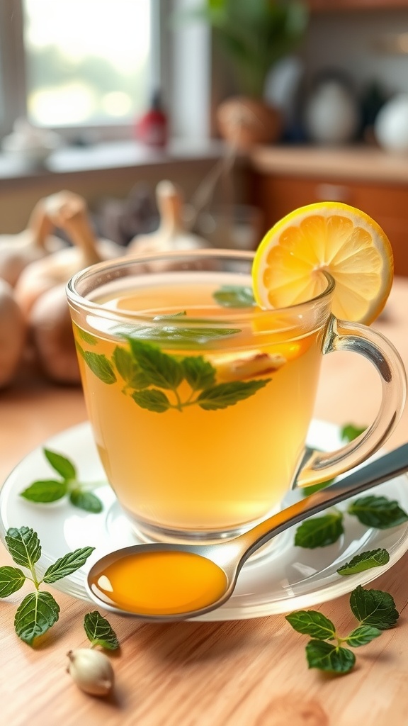 A steaming cup of garlic tea with lemon and honey, garnished with mint leaves.